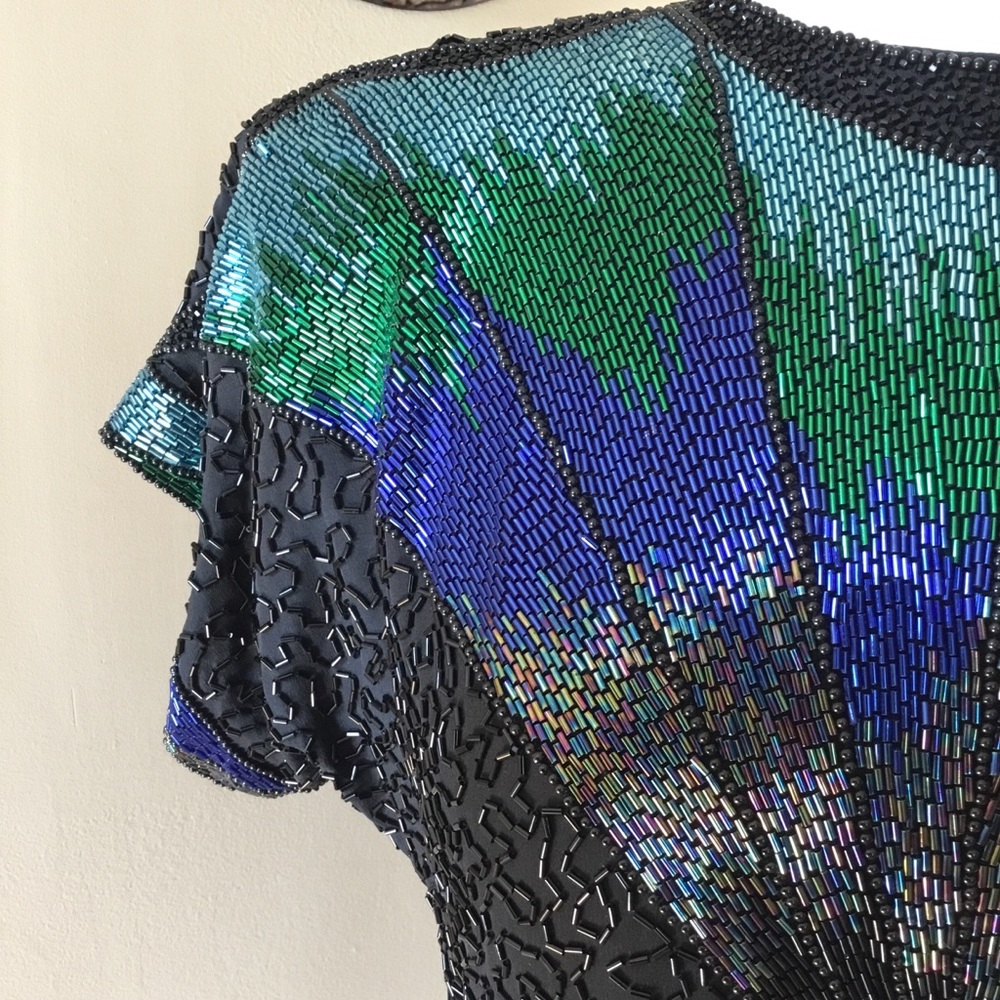 Vintage Oleg Cassini Beaded Back Zip Spider Web Evening Top - Picture 5 of 16